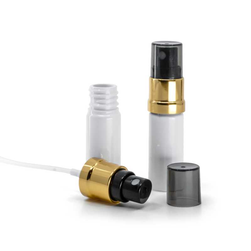 Bílá plastová lahvička, černo-zlatý rozprašovač s kouřovým vrškem, 10 ml