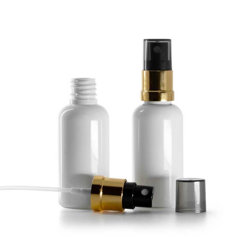 Plastová lahvička bílá, černo-zlatý rozprašovač, dýmový kryt, 50 ml