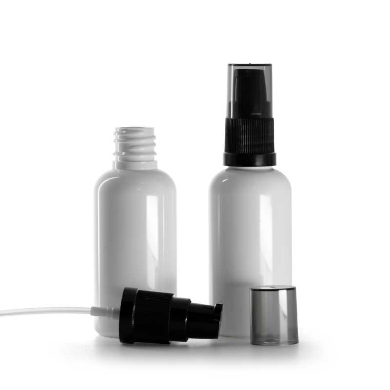 Plastová lahvička bílá, černý dávkovač krémů s dýmovým krytem, 50 ml