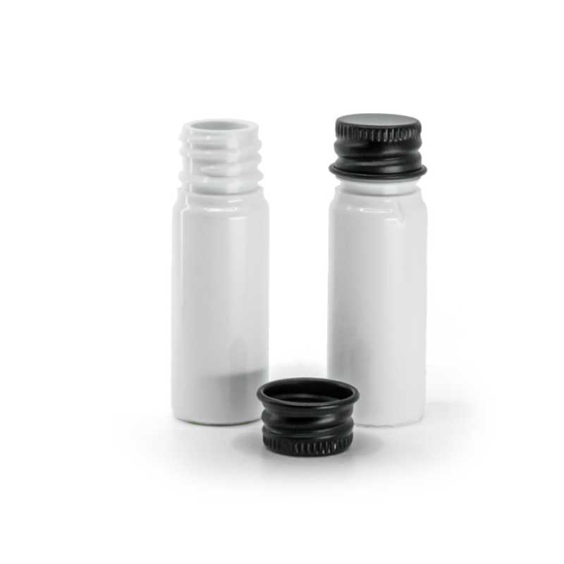 Plastová lahvička, lékovka, bílá, černý hliníkový uzávěr, 10 ml