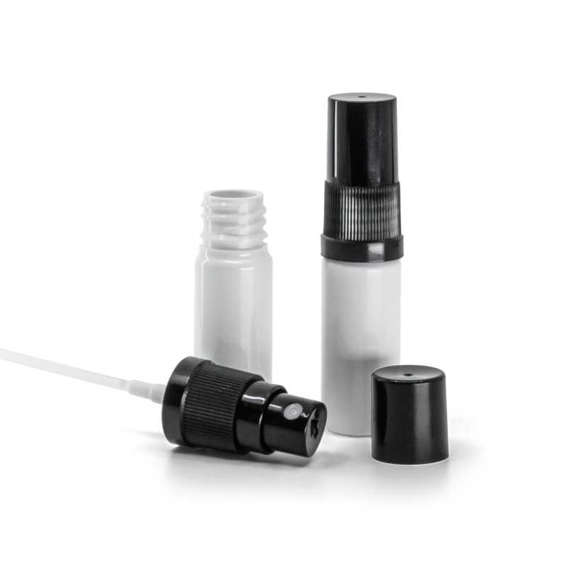 Plastová lahvička, lékovka, bílá, černý rozprašovač, černý vršek, 10 ml