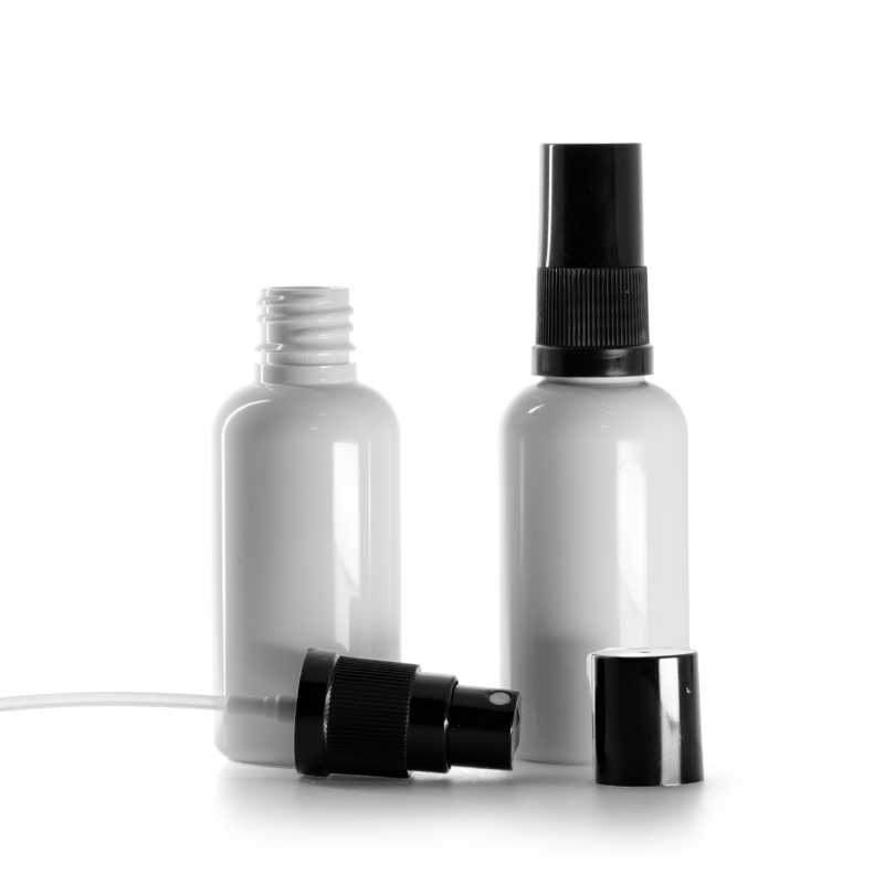 Plastová lahvička, lékovka, bílá, černý rozprašovač, černý vršek, 50 ml