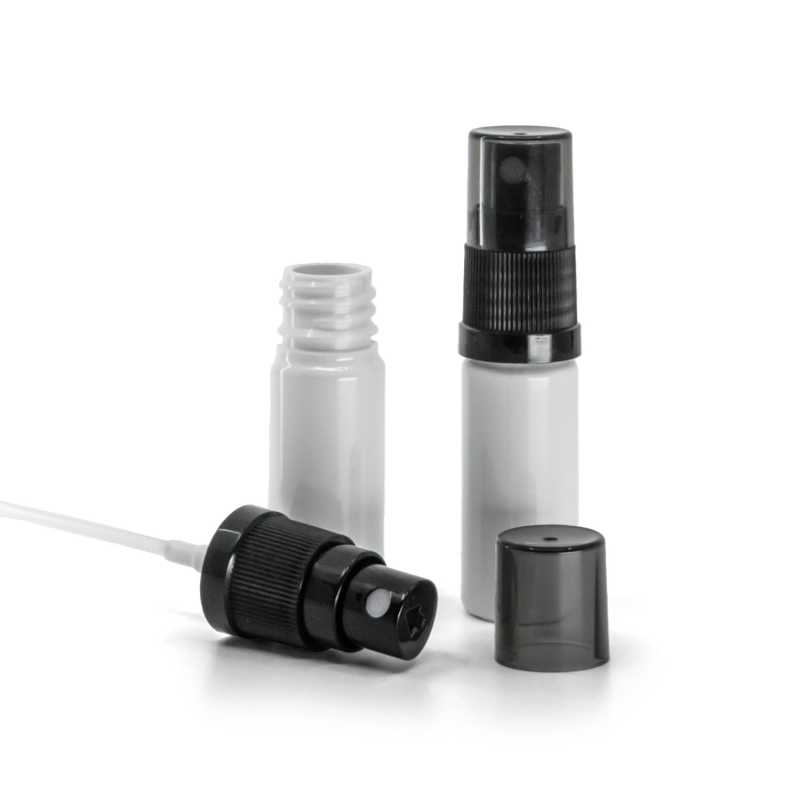 Plastová lahvička bílá, černý rozprašovač, dýmový kryt, 10 ml