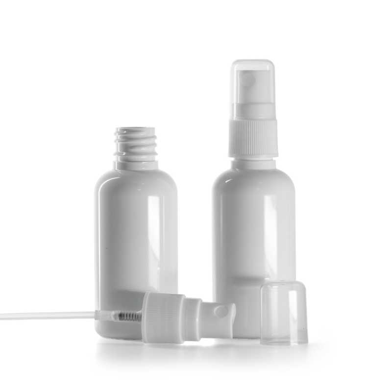 Plastová lahvička, lékovka, bílá, rozprašovač bílý na plastovou láhev, 50 ml
