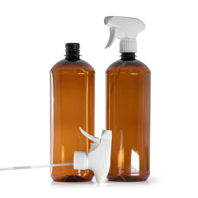 Hnědá plastová láhev, bílý pákový rozprašovač, 1000 ml