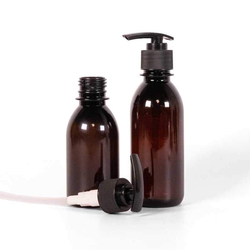Plastová láhev, lékovka, černá pumpička vroubkovaná, 200 ml