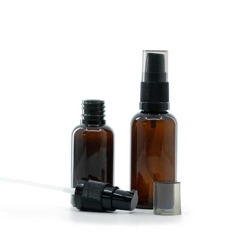 Plastová lahvička 30 ml v barvě jantar s dávkovačem krému a kouřovým víčkem