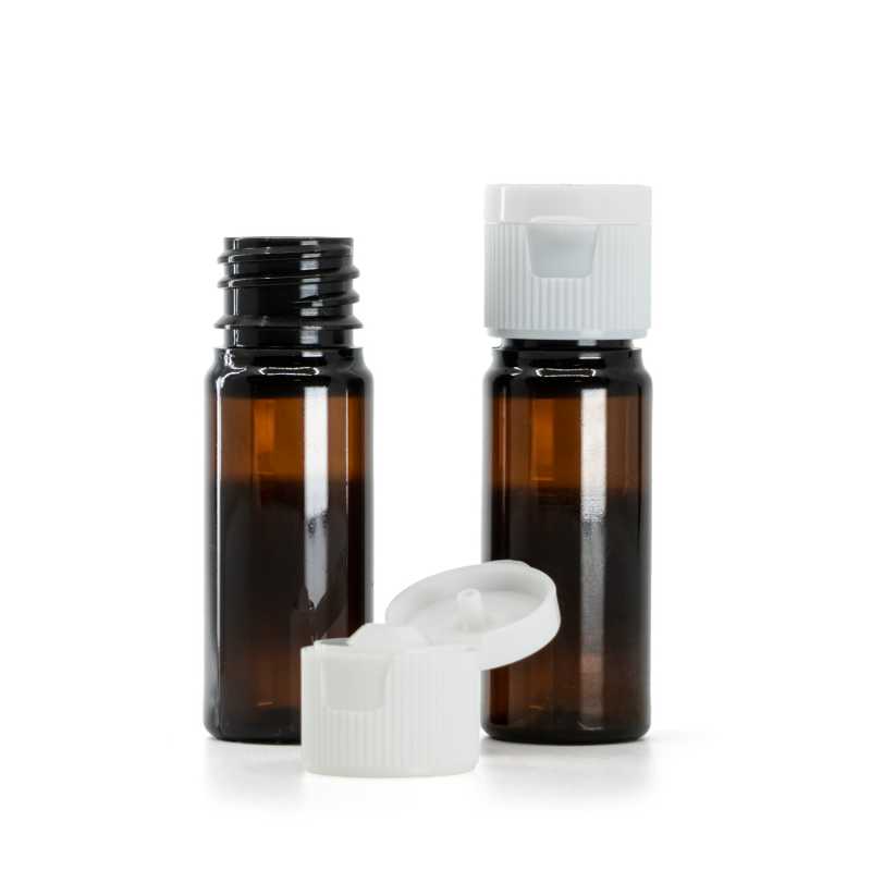 Plastová lahvička, lékovka, hnědá, plastový uzávěr, odklápěcí, flip top 18 mm, bílý, 10 ml