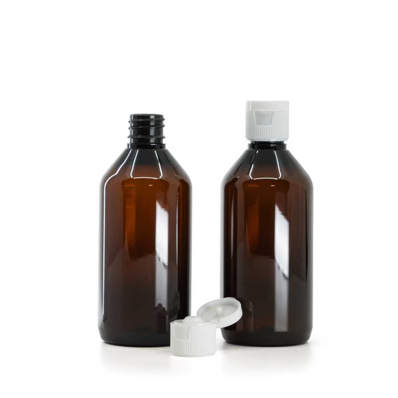 Plastová lahvička, lékovka, hnědá, plastový uzávěr, odklápěcí, flip top 18 mm, bílý, 115 ml