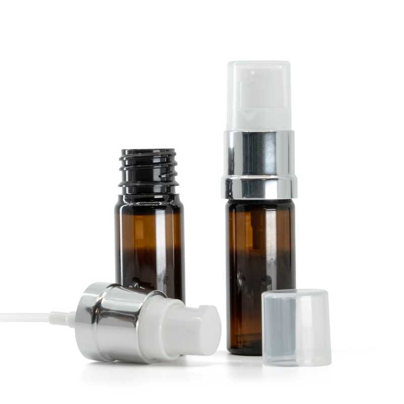 Plastová lahvička, lékovka, hnědá, bílo-stříbrný lesklý dávkovač, 10 ml