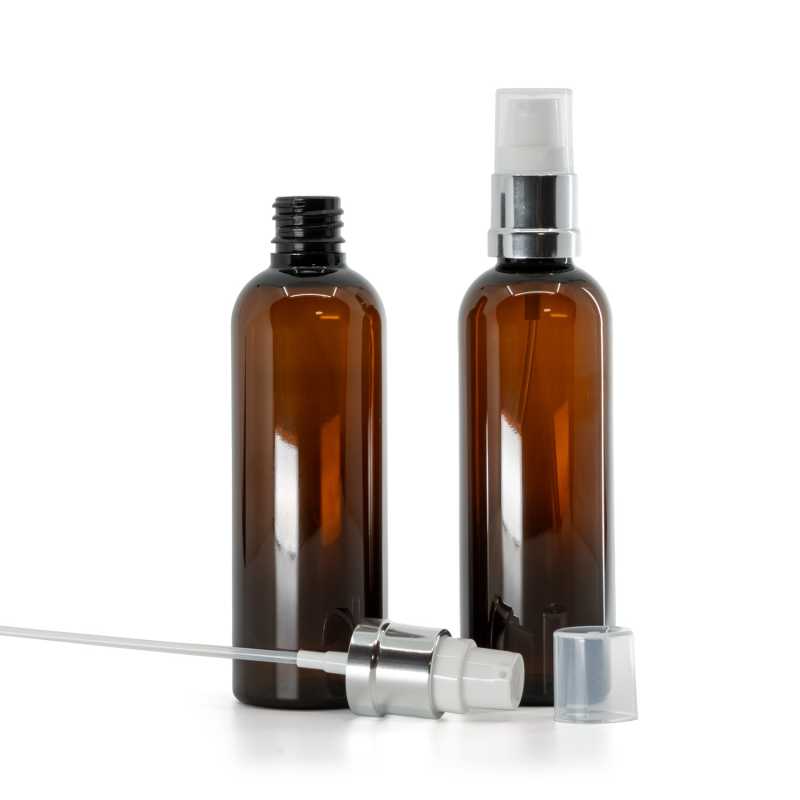 Plastová lahvička, lékovka, hnědá, bílo-stříbrný lesklý dávkovač, 100 ml  