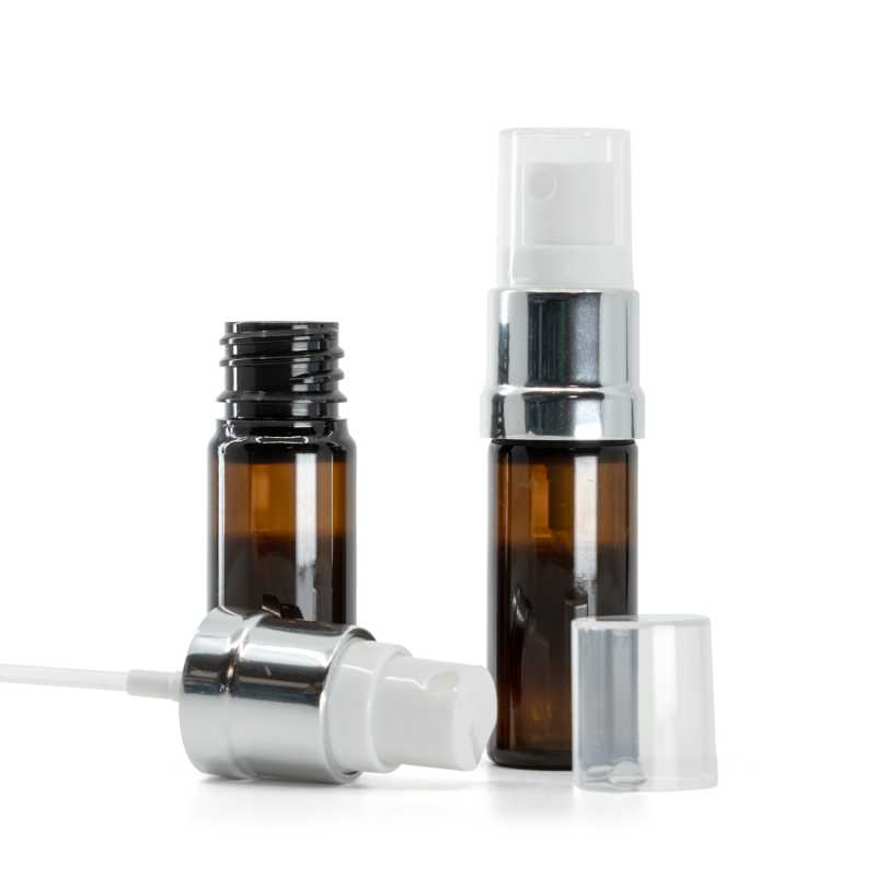 Plastová lahvička, lékovka, hnědá, bílo-stříbrný rozprašovač, 10 ml