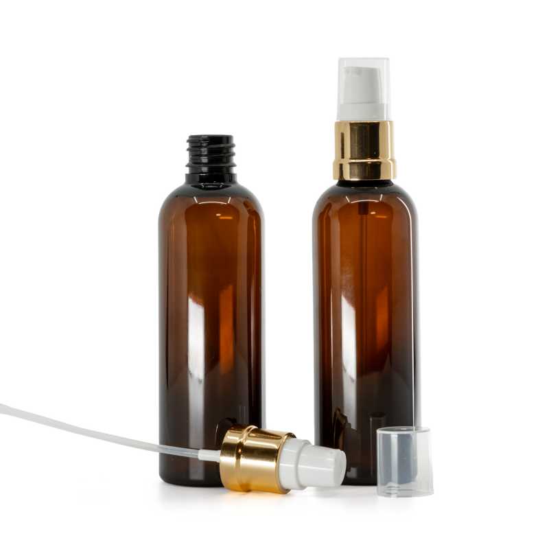 Plastová lahvička, lékovka, hnědá, bílo-zlatý lesklý dávkovač, 100 ml  