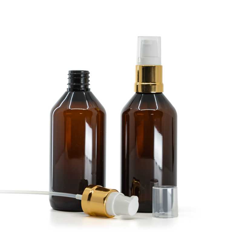 Plastová lahvička, lékovka, hnědá, bílo-zlatý lesklý dávkovač, 115 ml