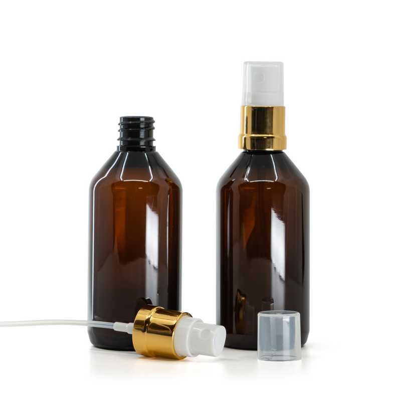 Plastová lahvička, lékovka, hnědá, bílo-zlatý sprej, 115 ml