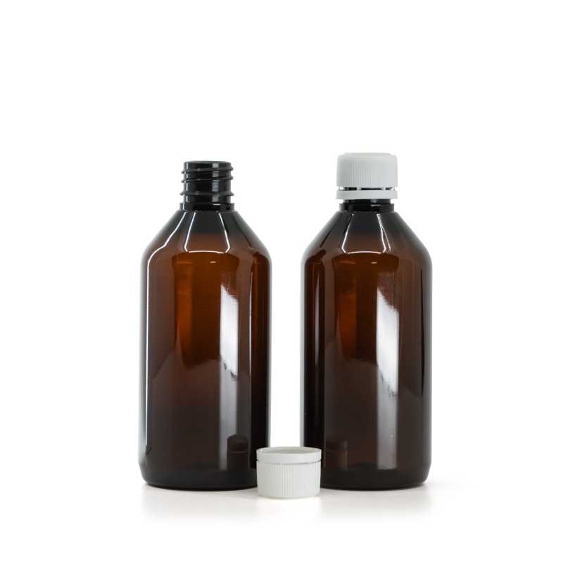 Plastová lahvička, lékovka, hnědá, bílé víčko s bezpečnostní poistkou, 115 ml