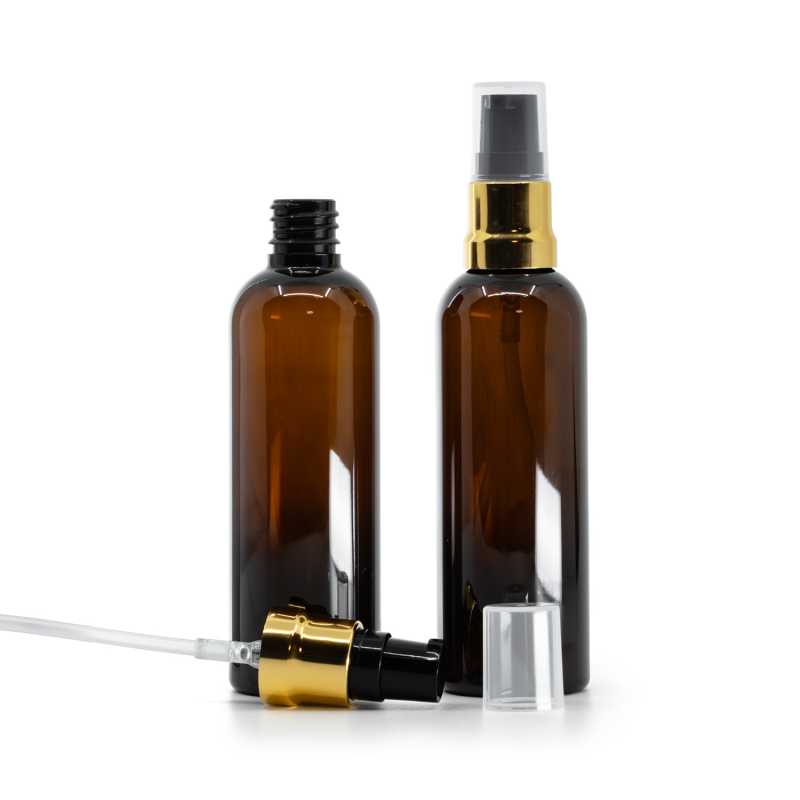 Plastová lahvička, lékovka, hnědá, černo-zlatý dávkovač, průhledný vrch, 100 ml
