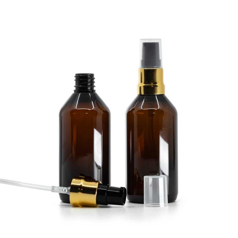 Plastová lahvička, lékovka, hnědá, černo-zlatý dávkovač, průhledný vrch, 115 ml