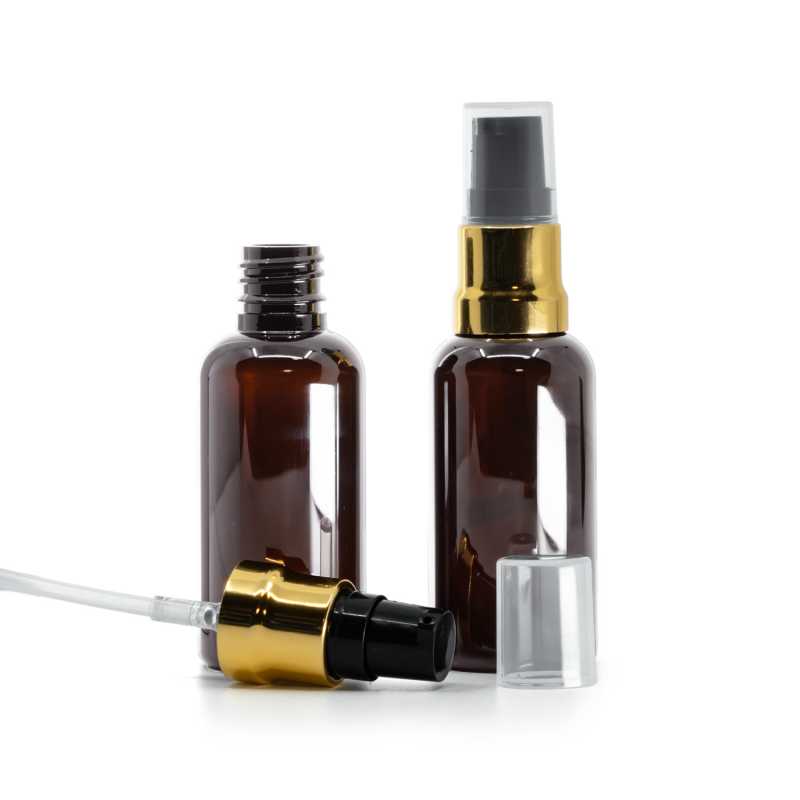 Plastová lahvička, lékovka, hnědá, černo-zlatý dávkovač, průhledný vrch, 50 ml