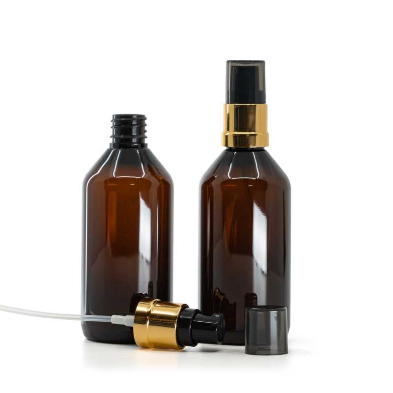 Plastová lahvička, lékovka, hnědá, černo-zlatý lesklý dávkovač, 115 ml
