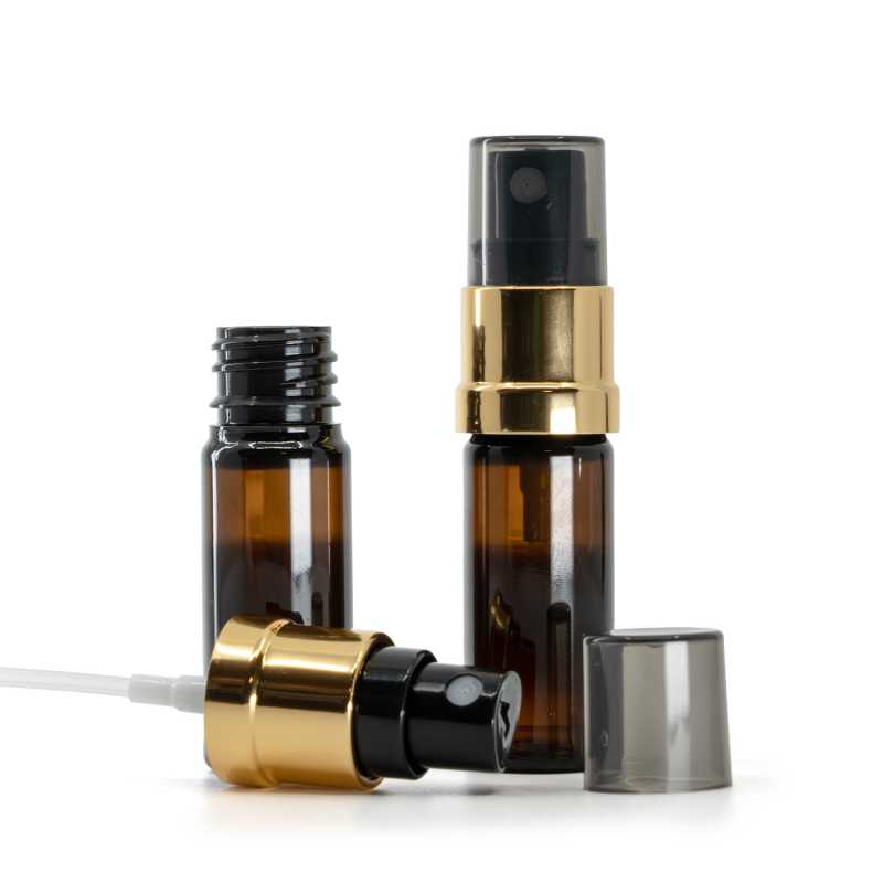 Plastová lahvička, lékovka, hnědá, černo-zlatý rozprašovač, kouřový vršek, 10 ml