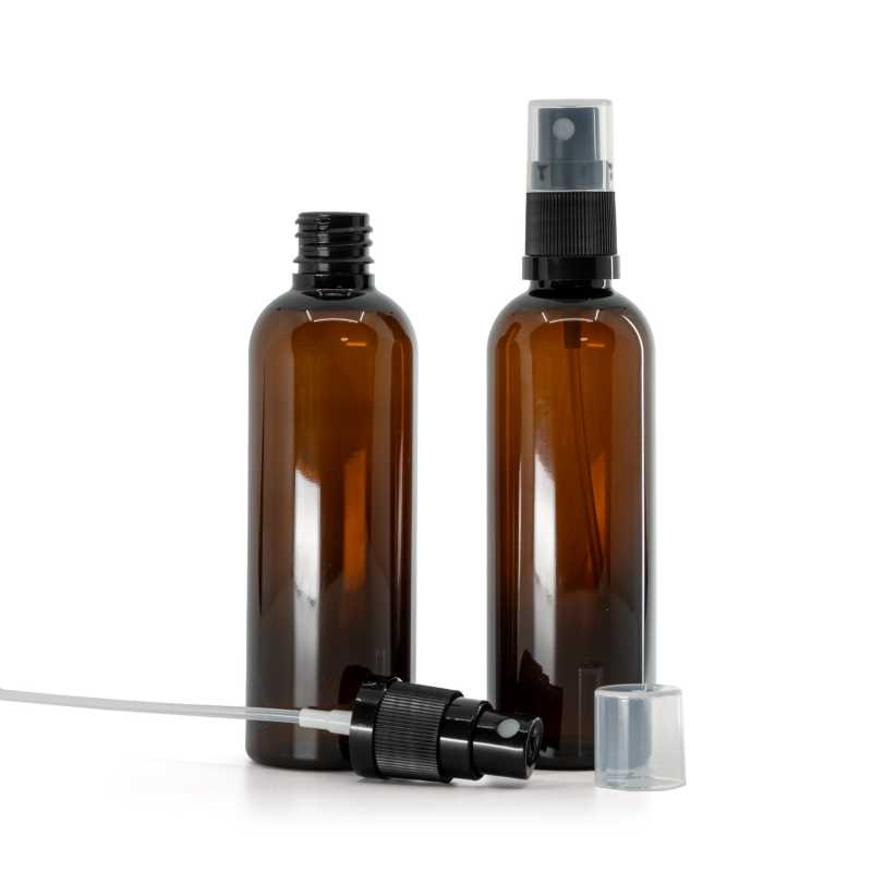 Plastová lahvička, lékovka, hnědá, černý rozprašovač, 100 ml  