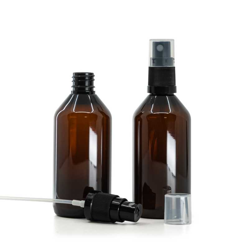 Plastová lahvička, lékovka, hnědá, černý rozprašovač, 115 ml