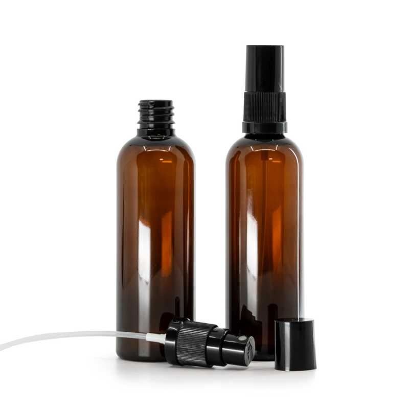 Plastová lahvička, lékovka, hnědá, černý rozprašovač, černý vršek, 100 ml  