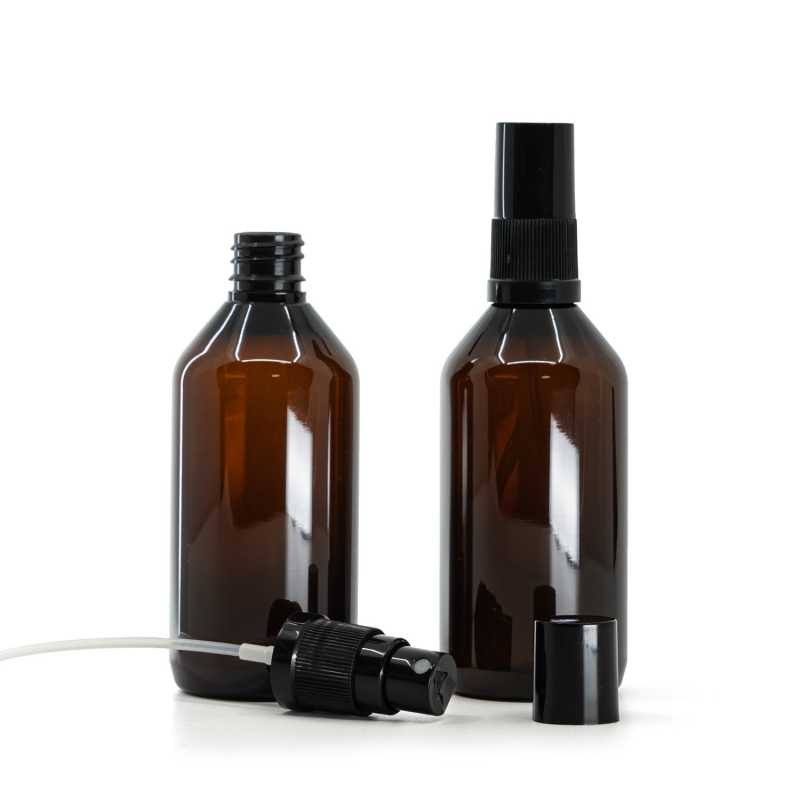 Plastová lahvička, lékovka, hnědá, černý rozprašovač, černý vršek, 115 ml