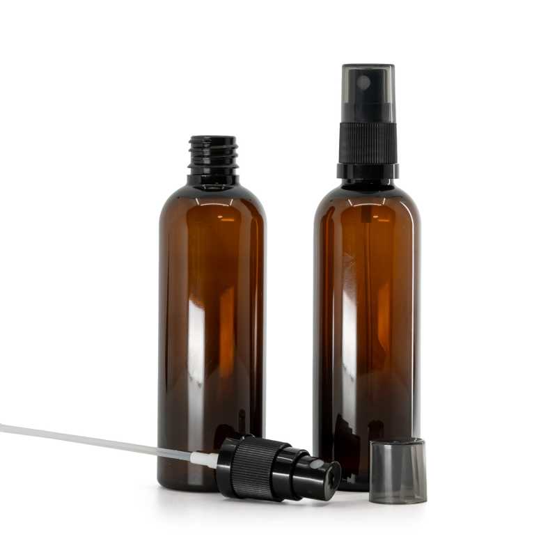 Plastová lahvička, lékovka, hnědá, černý rozprašovač, kouřový vršek, 100 ml  