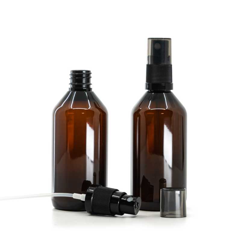 Plastová lahvička, lékovka, hnědá, černý rozprašovač, kouřový vršek, 115 ml