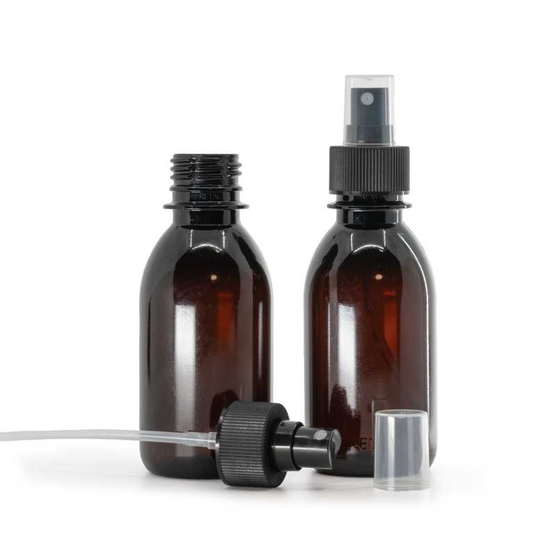 Plastová láhev, lékovka, hnědá, plastový rozprašovač, 28/410, černý, s vroubkovanou obručí, 150 ml