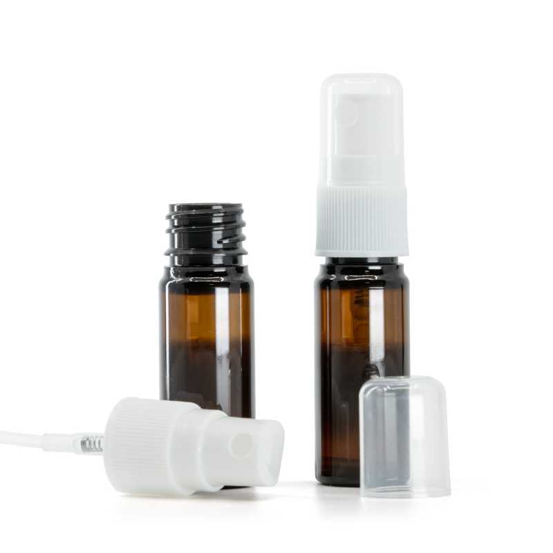Plastová lahvička, lékovka, hnědá, rozprašovač bílý na plastovou láhev, 10 ml