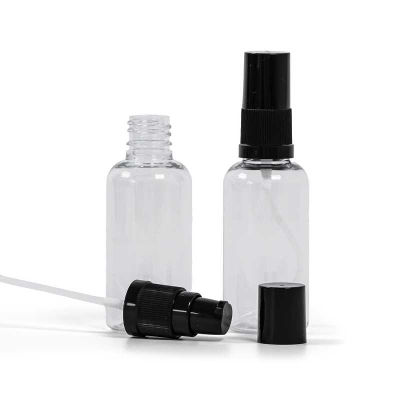Plastová lahvička, lékovka, průhledná, černý dávkovač krému s černým víčkem, 50 ml