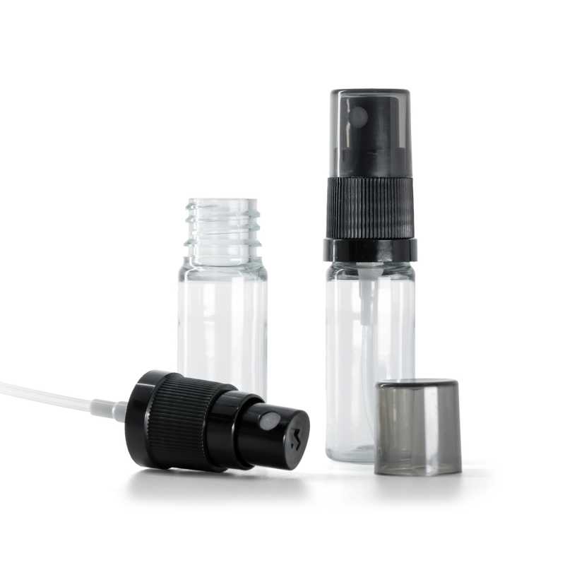 Plastová lahvička, průhledná, černý rozprašovač, dýmový kryt, 10 ml