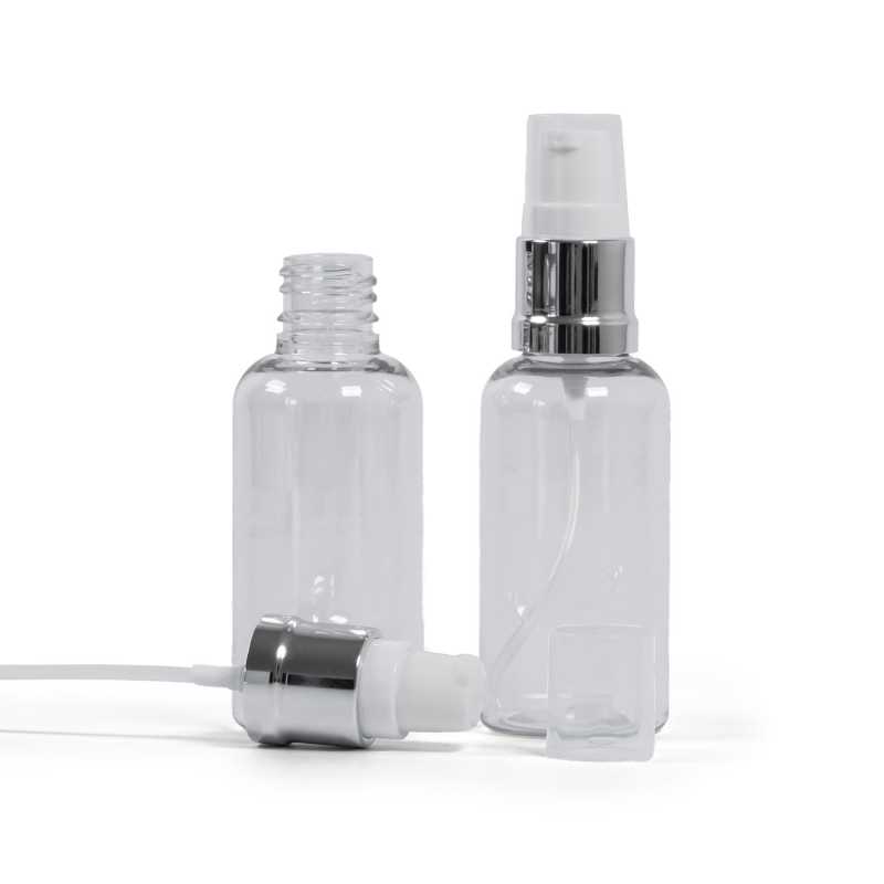 Plastová lahvička, lékovka, průhledná, bílo-stříbrný lesklý dávkovač, 50 ml