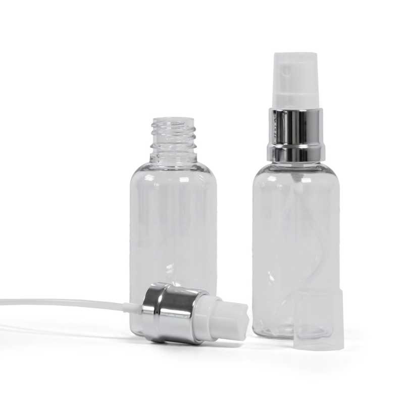 Plastová lahvička, lékovka, průhledná, bílo-stříbrný rozprašovač, 50 ml
