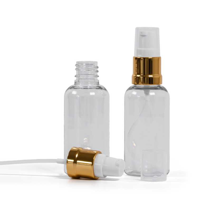 Plastová lahvička, lékovka, průhledná, bílo-zlatý lesklý dávkovač, 50 ml