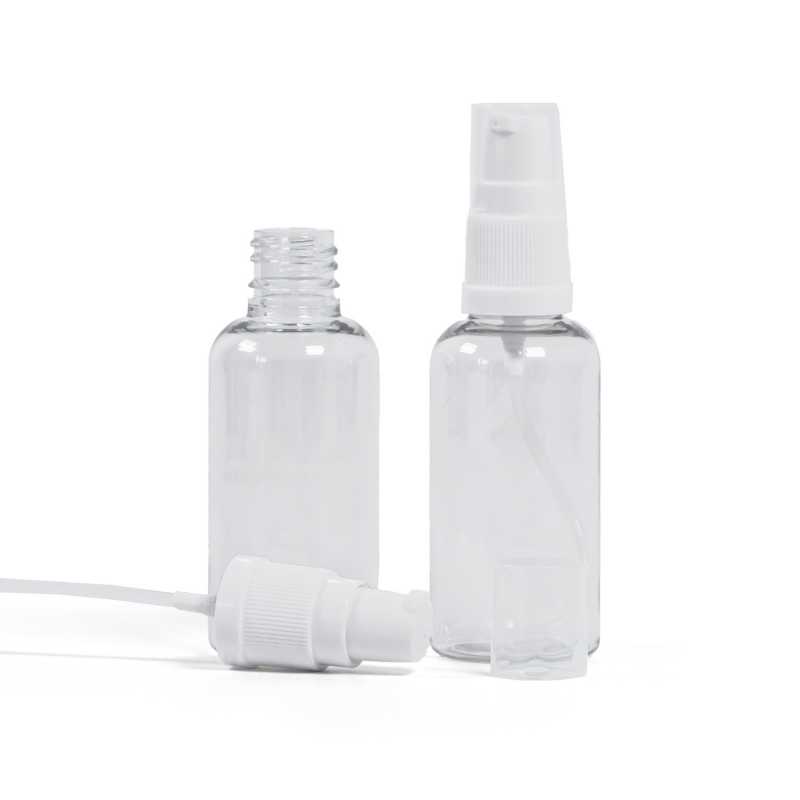 Plastová láhev, lékovka, průhledná, bílý dávkovač, 50 ml
