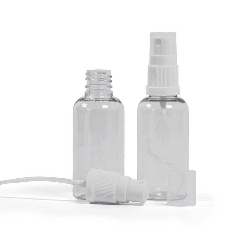 Plastová lahvička, lékovka, průhledná, bílý rozprašovač, 50 ml