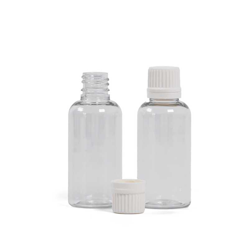 Plastová lahvička, lékovka, průhledná, bílý uzávěr, 50 ml