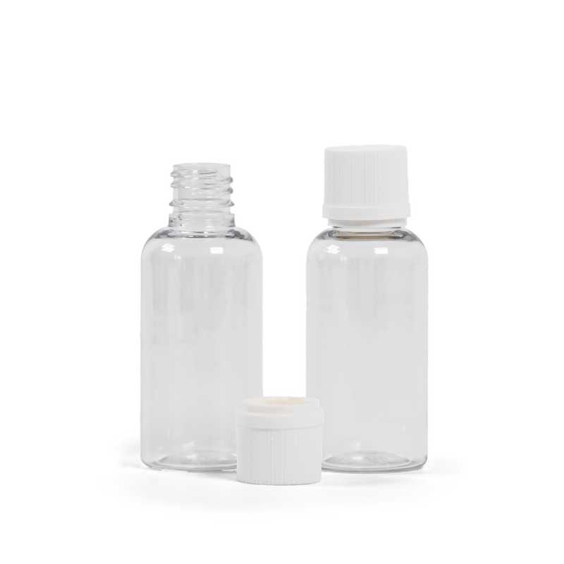 Plastová lahvička, lékovka, průhledná, bílý vroubkovaný uzávěr se zámkem, 50 ml