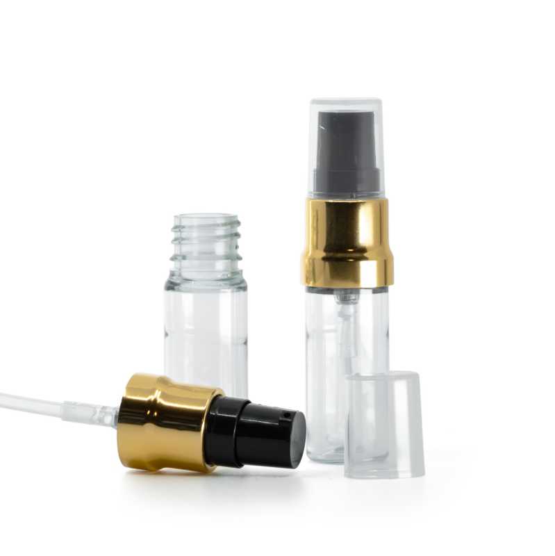 Plastová lahvička, lékovka, průhledná, černo-zlatý dávkovač, průhledný vrch, 10 ml
