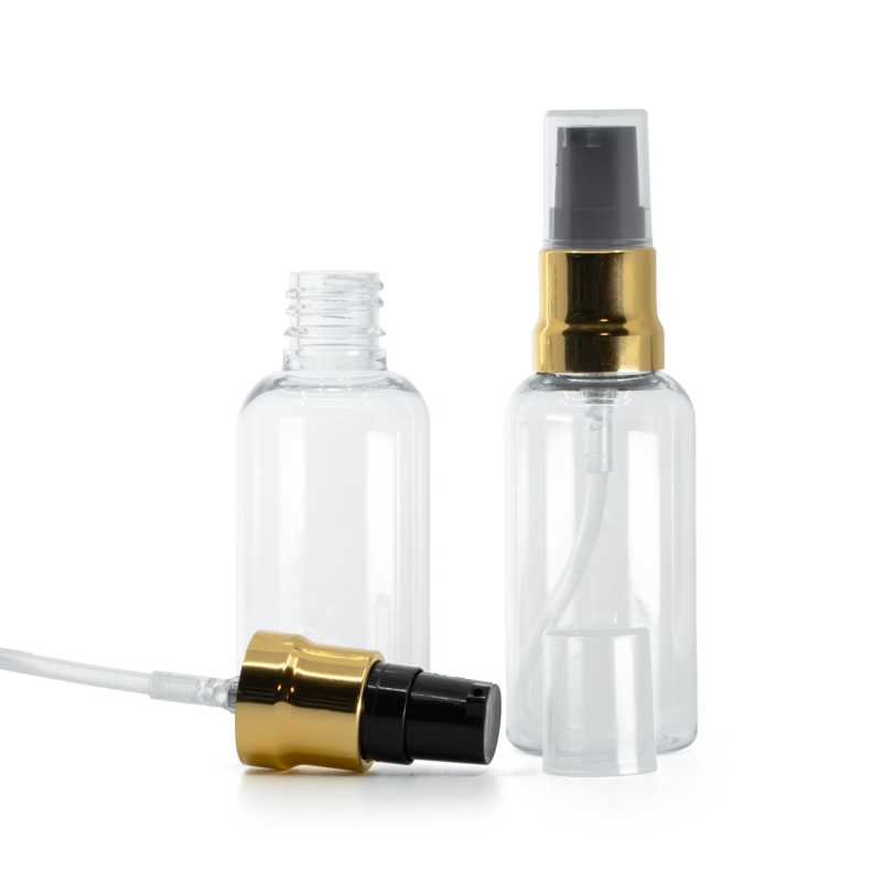 Plastová lahvička, lékovka, průhledná, černo-zlatý dávkovač, průhledný vrch, 50 ml