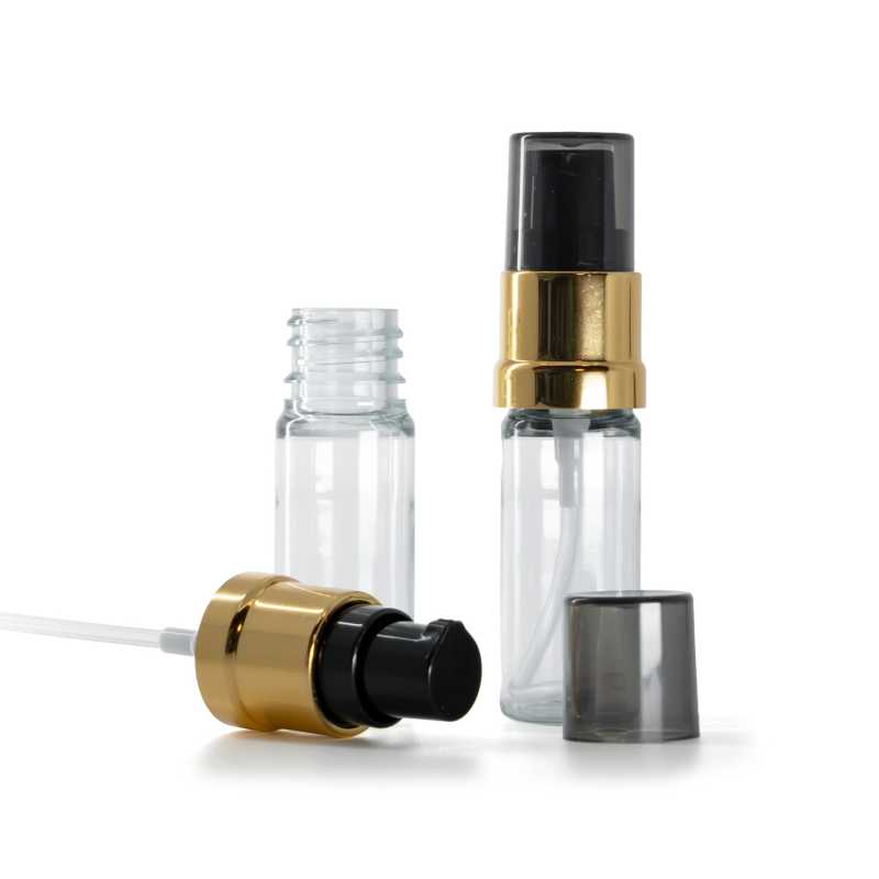 Plastová lahvička, průhledná, černo-zlatá lesklá pumpička s dýmovým krytem, 10 ml