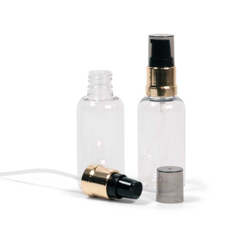 Plastová lahvička, průhledná, lesklá černo-zlatá pumpička s dýmovým krytem, 50 ml