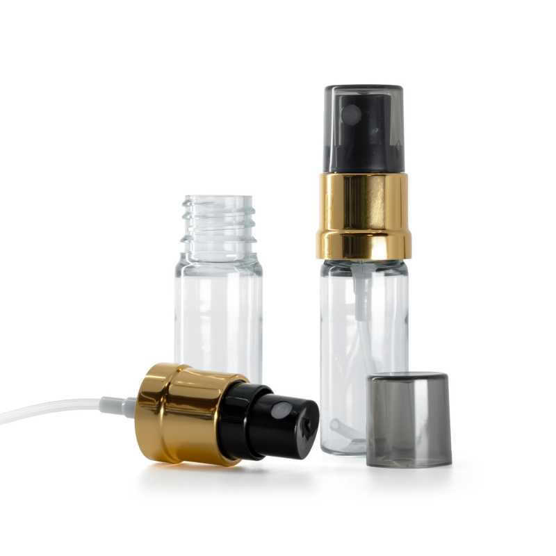 Plastová lahvička průhledná, černo-zlatý rozprašovač, dýmový kryt, 10 ml