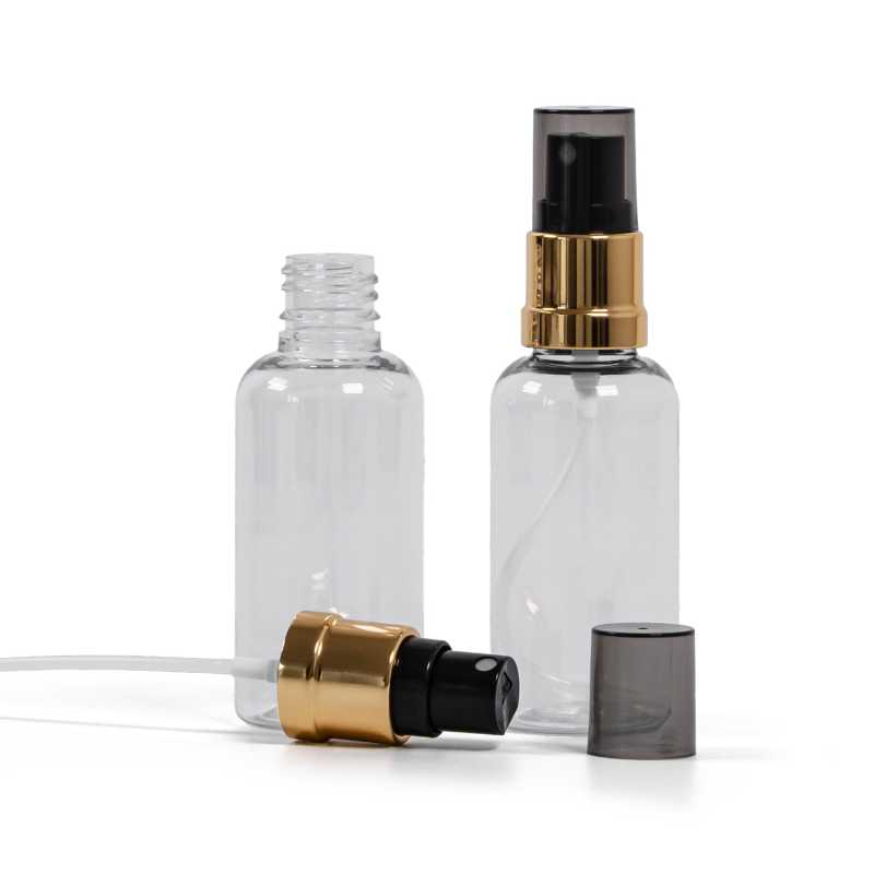 Plastová lahvička, průhledná, černo-zlatý rozprašovač, dýmový kryt, 50 ml