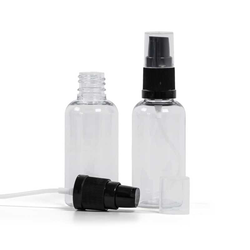 Plastová láhev, lékovka, průhledná, černý dávkovač krémů, 50 ml