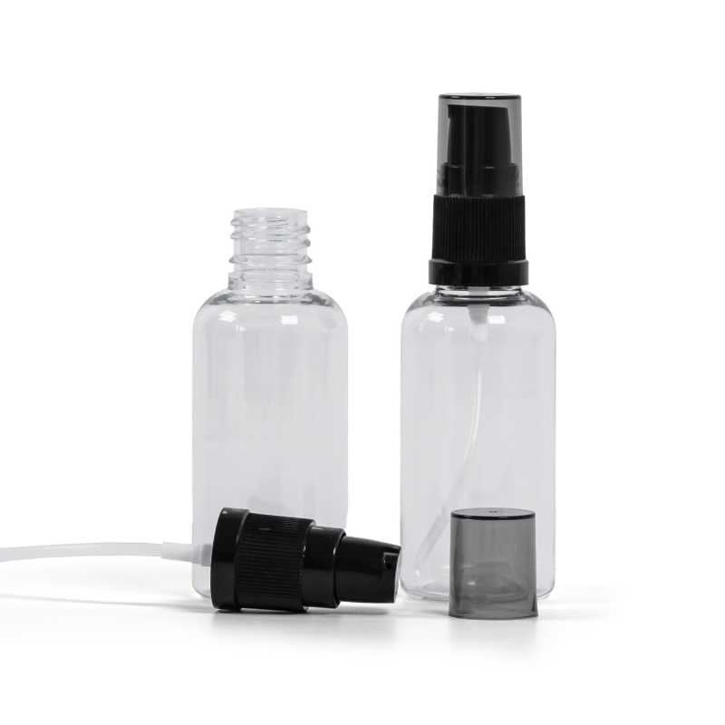 Plastová lahvička, průhledná, dávkovač krémů s černým krytem, 50 ml